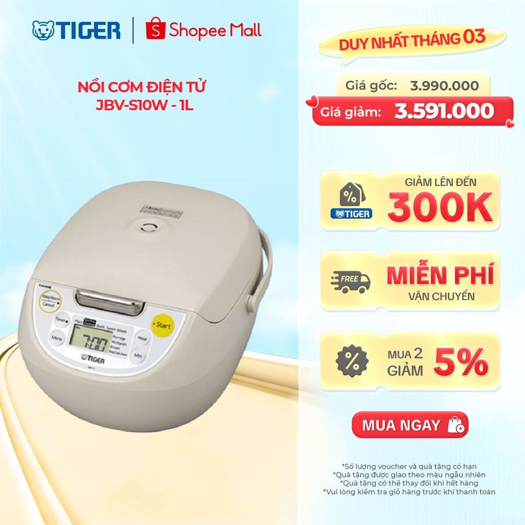 Nồi Cơm Điện Tử Tiger JBV-S10W - 1L - Hàng Chính Hãng