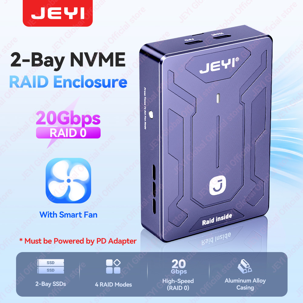 JEYI 2-Bay NVMe M.2 RAID Enclosure USB 4.0 + RAID0 (20Gbps) / Tương thích với Quạt thông minh Thunde