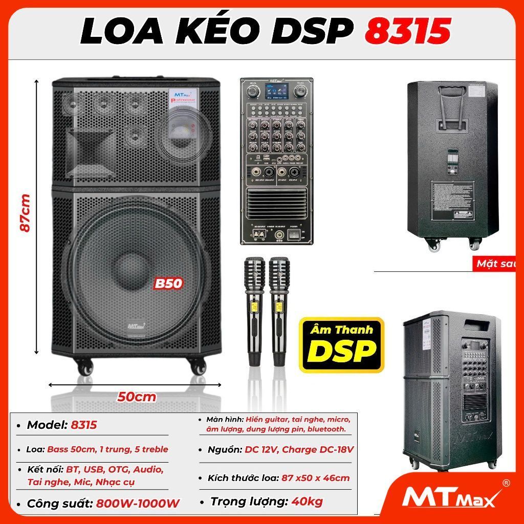 Loa Kéo Karaoke Công Suất Lớn Chíp DSP Hiện Đại MTMAX 8315 Bass 45,1 Trung, 5 Treble, 1500W