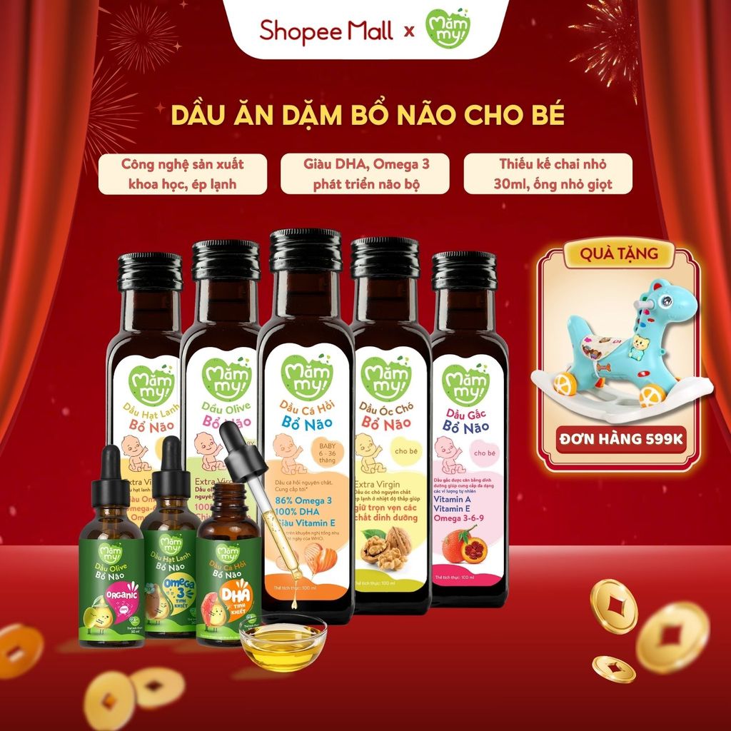 Dầu ăn dặm cho bé Mămmy 5 loại giàu DHA & Omega 3-6-9 cá hồi, hạt lanh, Olive, gấc, óc chó, chiên xào