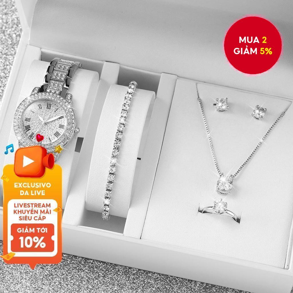6 Chiếc Sang Trọng Nữ Thép Bạc Đồng Hồ Thạch Anh Bộ Trang Sức Kim Cương Giả Giọng Lấp Lánh Không Hộp