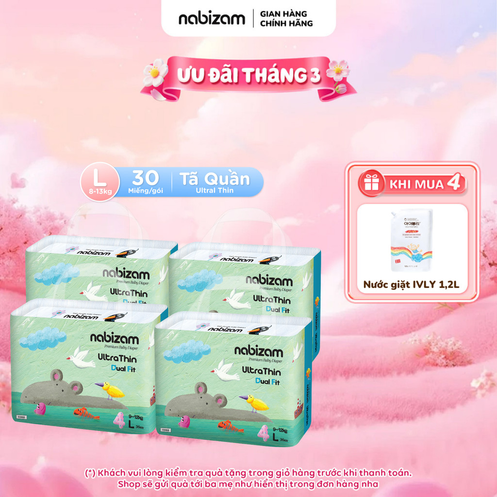 COMBO 4 Tã/Bỉm Quần Nabizam Ultra Thin Nội Địa Hàn Cao Cấp Mỏng Nhẹ Phù Hợp Cho Ban Đêm Size L Từ 8-