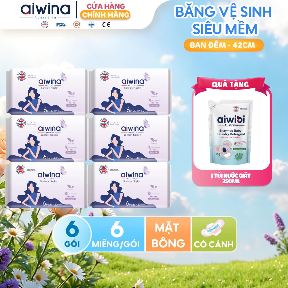 Combo 6 Băng vệ sinh Aiwina siêu mềm ban đêm 42cm gói 6 miếng