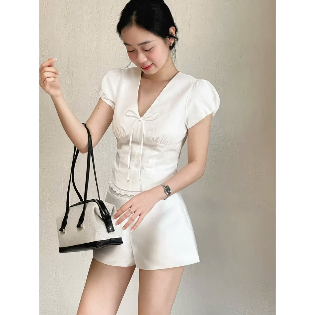 ÁO TAY PHỒNG NHÚN NGỰC ĐÍNH NƠ N33