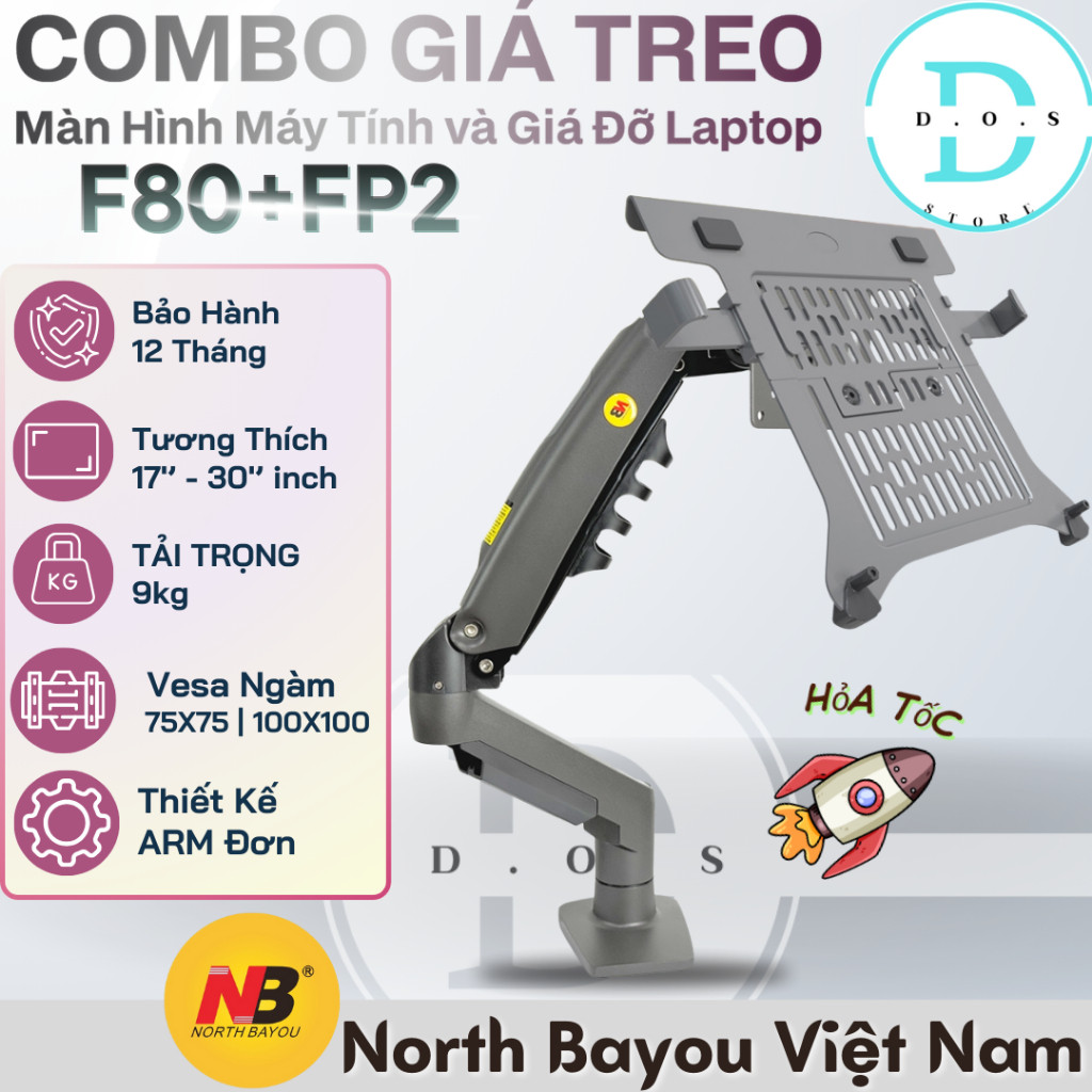 Combo Giá Treo Màn Hình North Bayou F80 và Kẹp Laptop FP2 - Tay Đỡ Monitor Arm Xoay 360 (10-30 Inch)