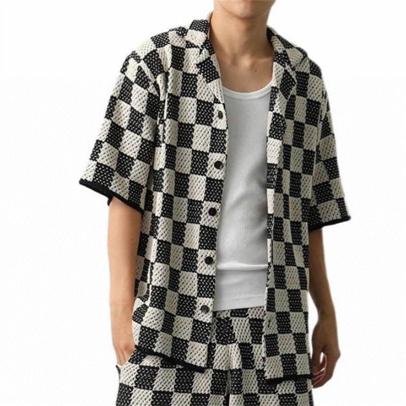 RS65 ASKYURSELF ASK Summer Knit Drapey Hollowed-Out Patchwork Jacquard American Style Shirt for Men 