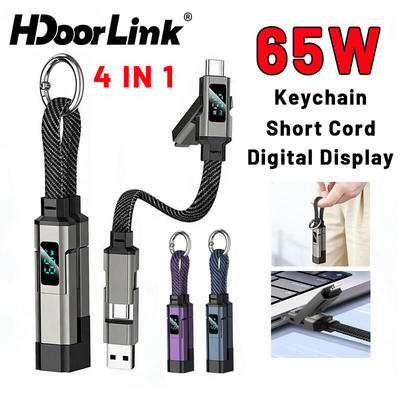 Cáp sạc nhanh HdoorLink 65W USB C Móc khóa 4 trong 1 Điện thoại Dây ngắn Màn hình kỹ thuật số Cáp Type-C / iOS / USB-A