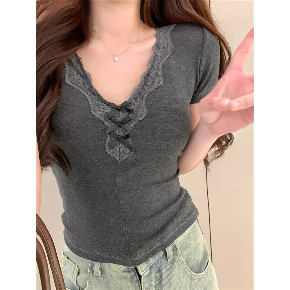 Áo thun ngắn tay nơ ren nữ ngắn tay Slim-fit Áo mùa hè | BigBuy360 - bigbuy360.vn