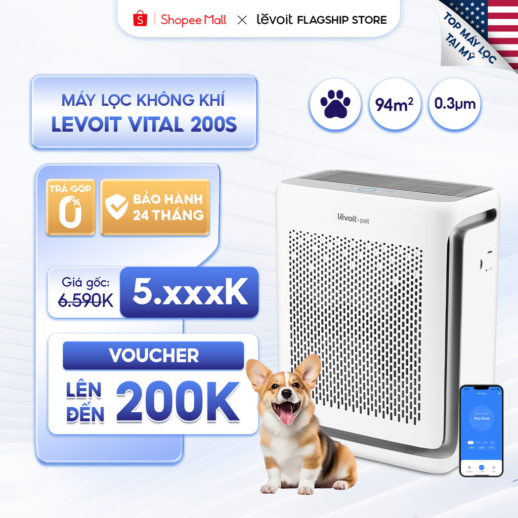 Máy Lọc Không Khí Cho Thú Cưng Levoit Vital 200S 94m2 | Lọc bụi mịn - Khử mùi, hút lông - Đèn cảm biến chất lượng