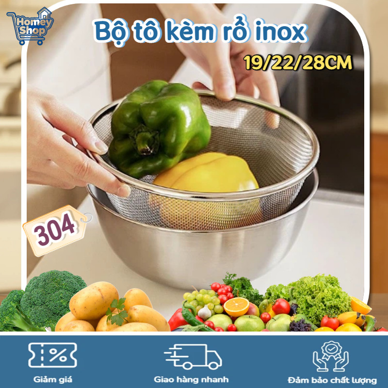 HomeyShop-Bộ tô kèm rổ inox size 19/22/28cm,chất liệu inox 304 cao cấp chống gỉ, đa năng cho rửa rau