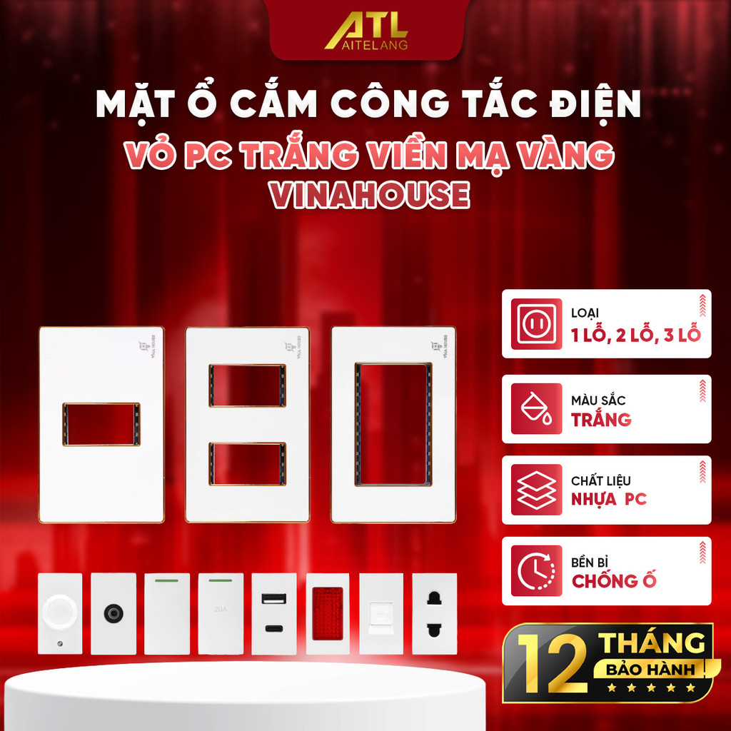 Mặt ổ cắm công tắc điện vỏ PC trắng viền mạ vàng VinaHouse, bền đẹp, dễ lắp đặt, an toàn điện