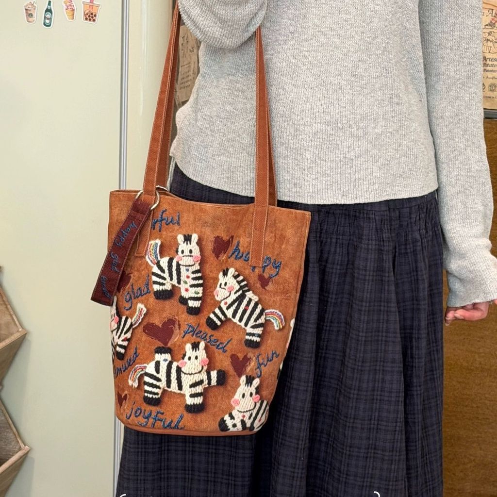 Horse Year Zodiac Bag Happy Korean Canvas Bag Large-Capacity Bucket Bag Tote Bag Shoulder Bag bdgn