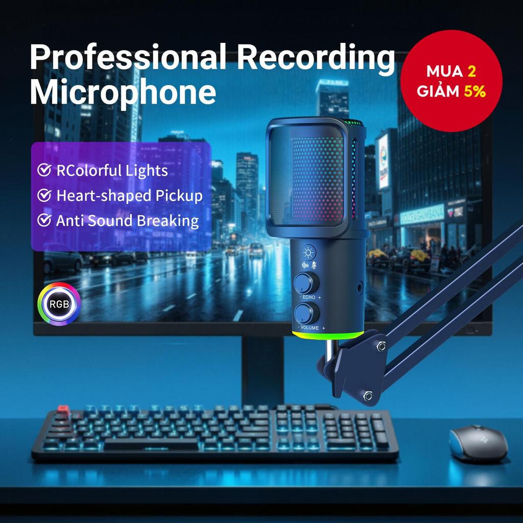 Micro USB chơi game, Mic tụ điện khử tiếng ồn với chức năng tắt tiếng, tăng âm, giám sát, mic tay cầ