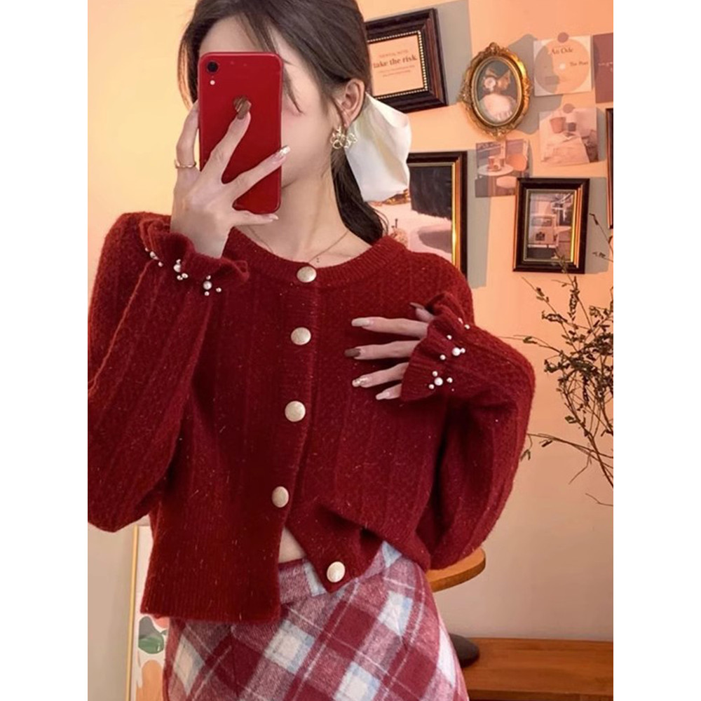 áo croptop len tăm áo croptop len Cardigan nữ màu đỏ dệt kim mới phong cách cho thu đông và xuân