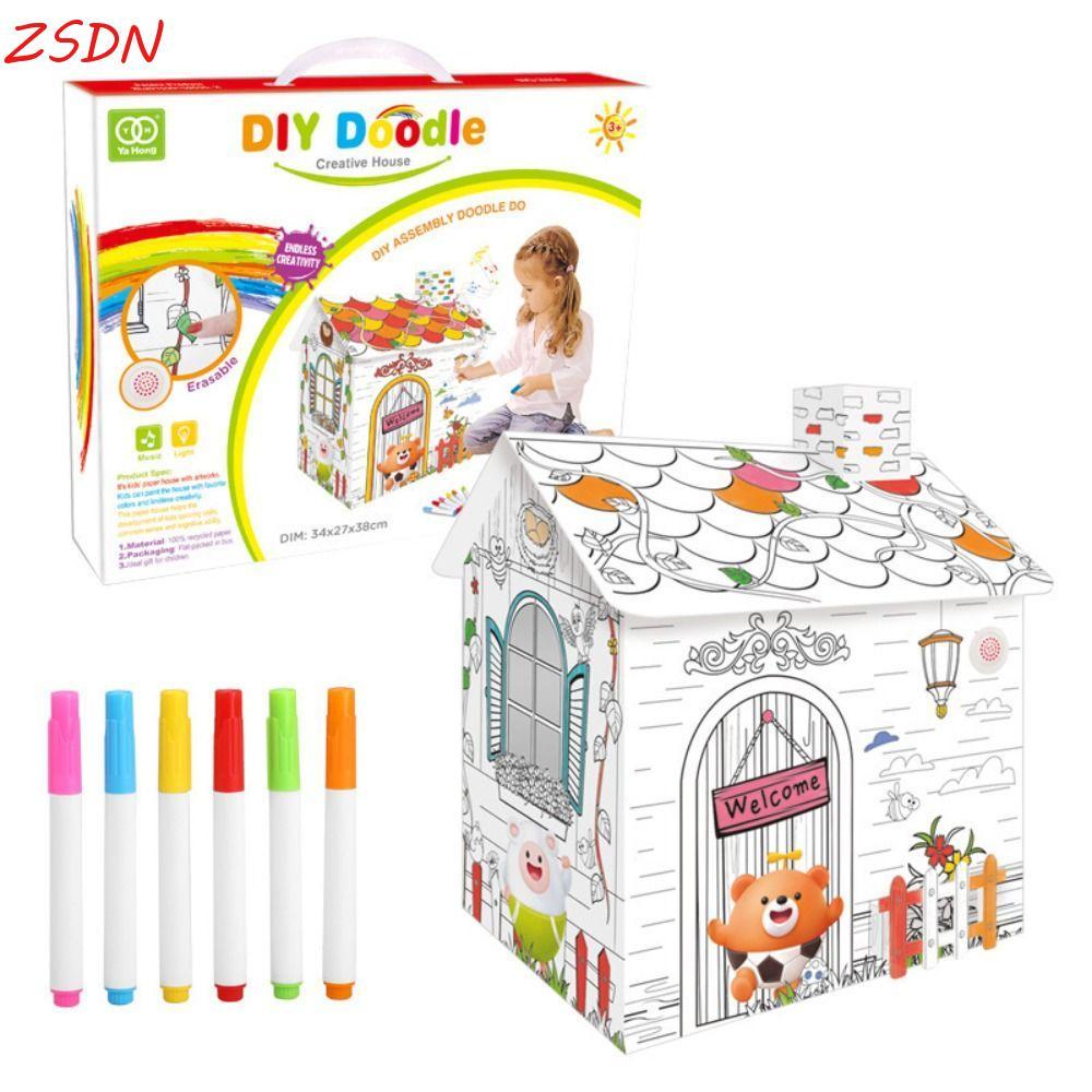 ZSDN Cardboard Playhouse, Handmate Car Modele DIY Large Cardboard Coloring, DIY House Kit 3D Car Din