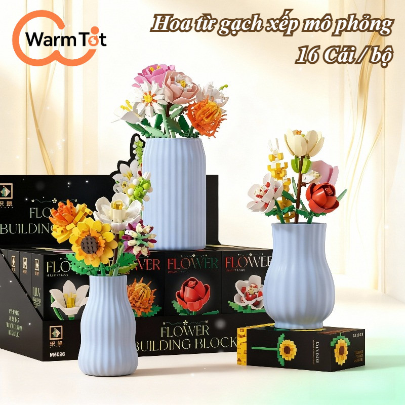 Bộ DIY 16 Hoa Lắp Ráp, Quà Tặng Cho Người Yêu, Bó Hoa Handmade, Mô Hình Khối Xây Dựng Sáng Tạo