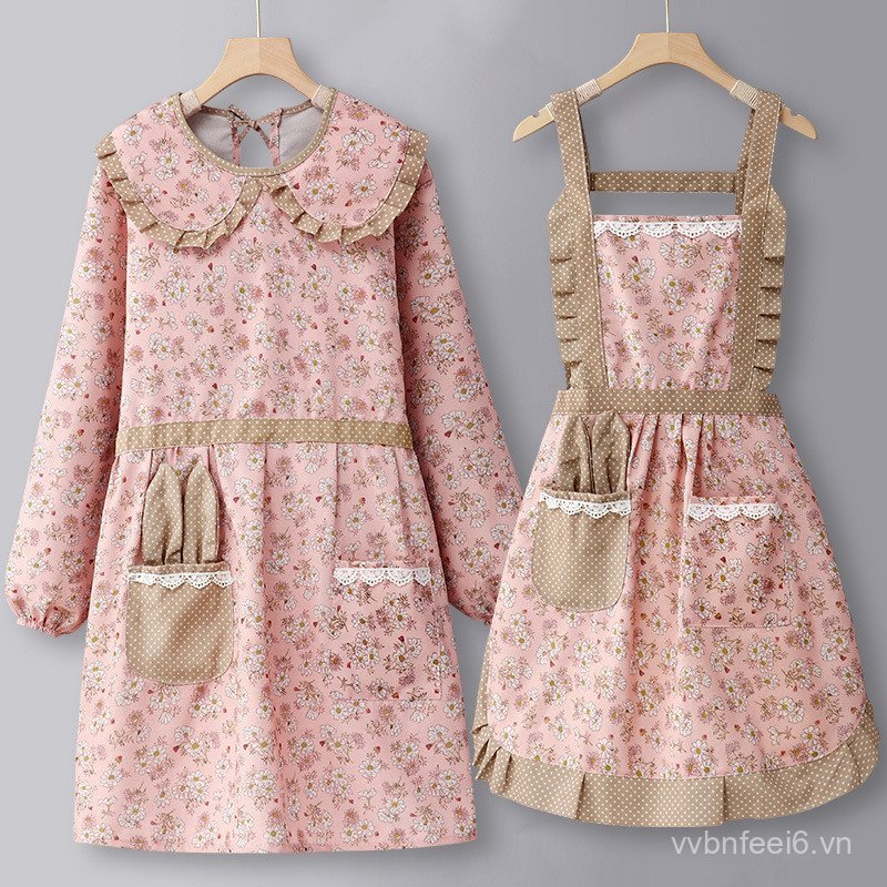 Tạp Dề Nhà Bếp Hộ Gia Đình Cotton Nguyên Chất Nữ Dài Tay 2025 Phong Cách Mới Nấu Ăn Quần Áo Mùa Đông