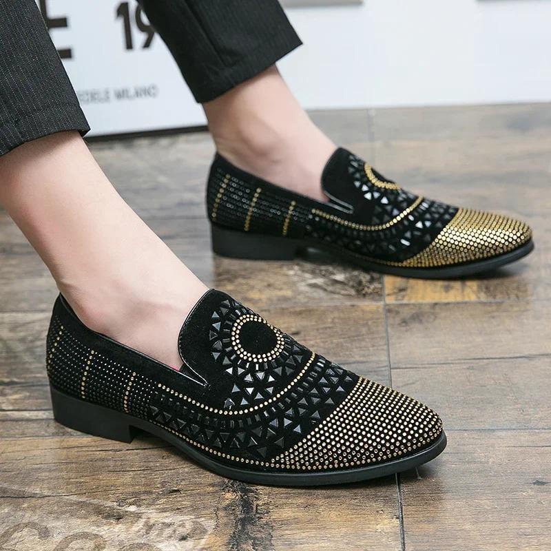 Thương Hiệu Cao Quý Đen Kim Cương Giả Nam Giày Nhung Pha Lê Sang Trọng Moccasin Nam Loafers Văn Phòn