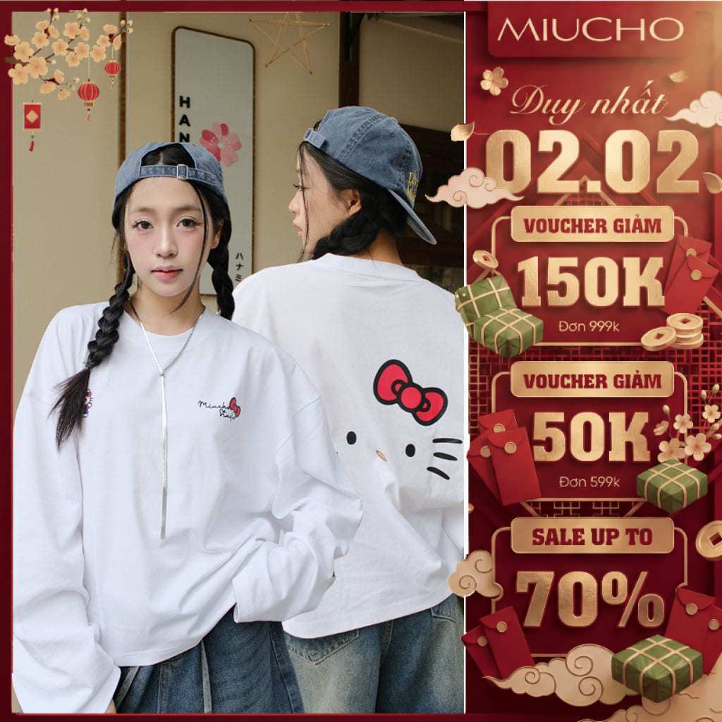 Áo thun boxy tay dài Miucho chất vải thoáng mát cổ tròn đứng form BST hình free style in mix sắc nét