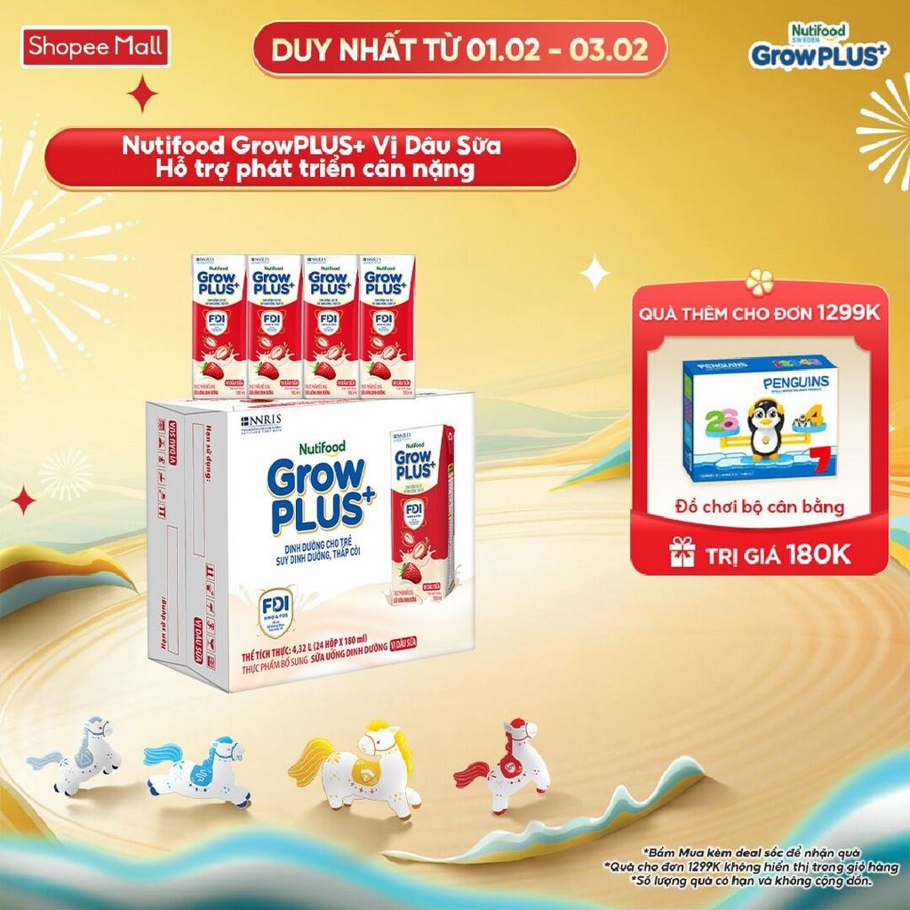 Thùng 24 hộp Sữa bột pha sẵn Nutifood GrowPLUS+ Vị Dâu Sữa hộp 180ml - Trên 1 tuổi (24 hộp x 180ml)