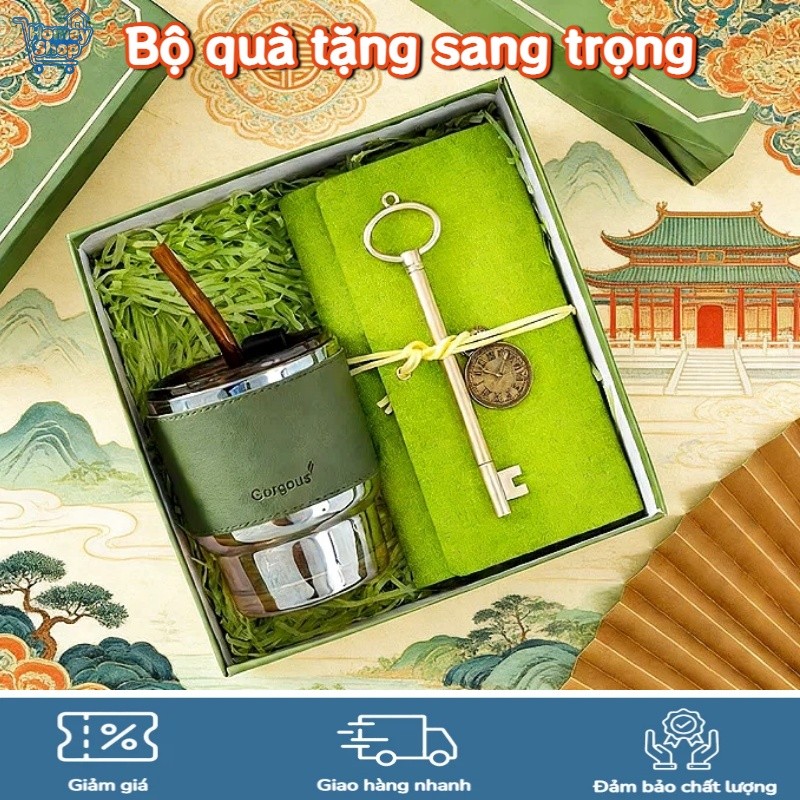 HomeyShop-Bộ quà tặng sang trọng(Túi giấy),bao gồm ly thủy tinh bọc da 400ml,sổ tay,quà tặng lưu niệ