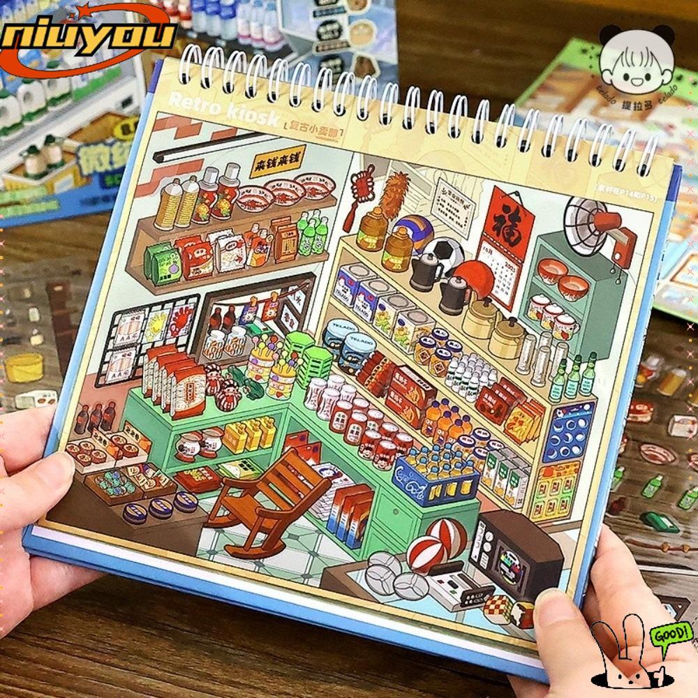 Nhãn dán phong cảnh NIUYOU, Nhãn dán cảnh cửa hàng cỡ lớn dễ thương, PET 10 cảnh 33 tờ Nhãn dán cảnh