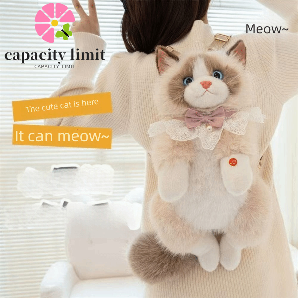 NĂNG LƯỢNG GIỚI HẠN Ba lô mèo con mô phỏng, Túi đi học mèo sang trọng siêu thực tế hoạt hình, Bảo quản du lịch mẫu giáo Động vật nhồi bông dễ thương Túi mua sắm sang trọng