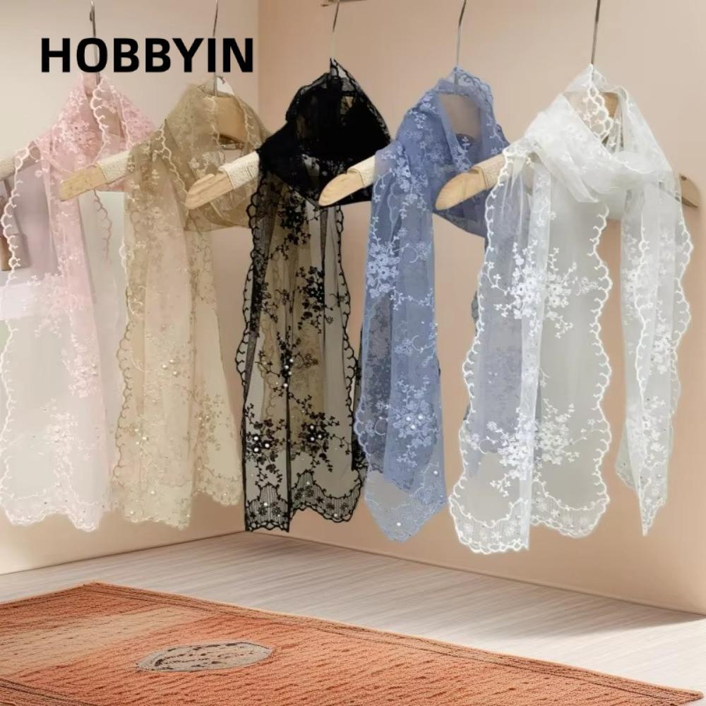 Khăn ren choàng chống nắng Hobb Yin, phong cách retro Hàn Quốc, thêu hoa và ngọc trai
