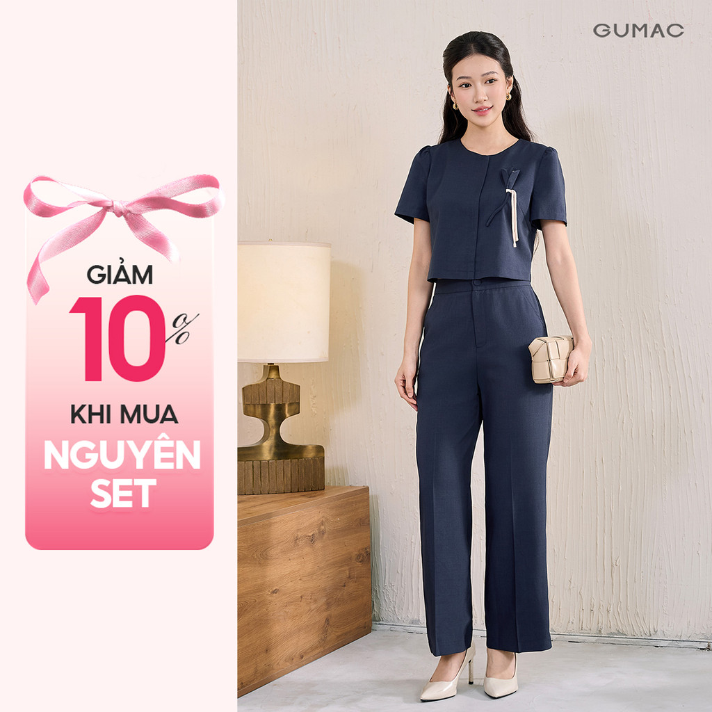 Set lẻ GUMAC Áo lửng đính hoa 3D AF12092 - Quần ống suông nữ cơ bản thời trang GUMAC QF11003