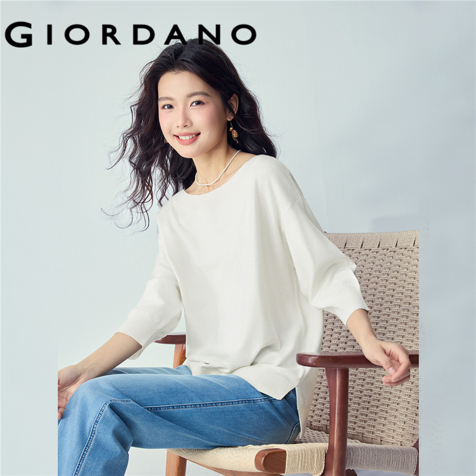 GIORDANO WOMEN Boat neck 1/2 sleeve loose knitwear 13356252