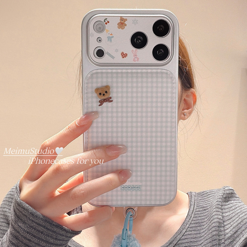 Meimu Nhật Bản Hàn Quốc Gấu Ba Chiều Kẻ Sọc Xanh Thích Hợp Cho iphone17 Vỏ Điện Thoại Apple 16promax