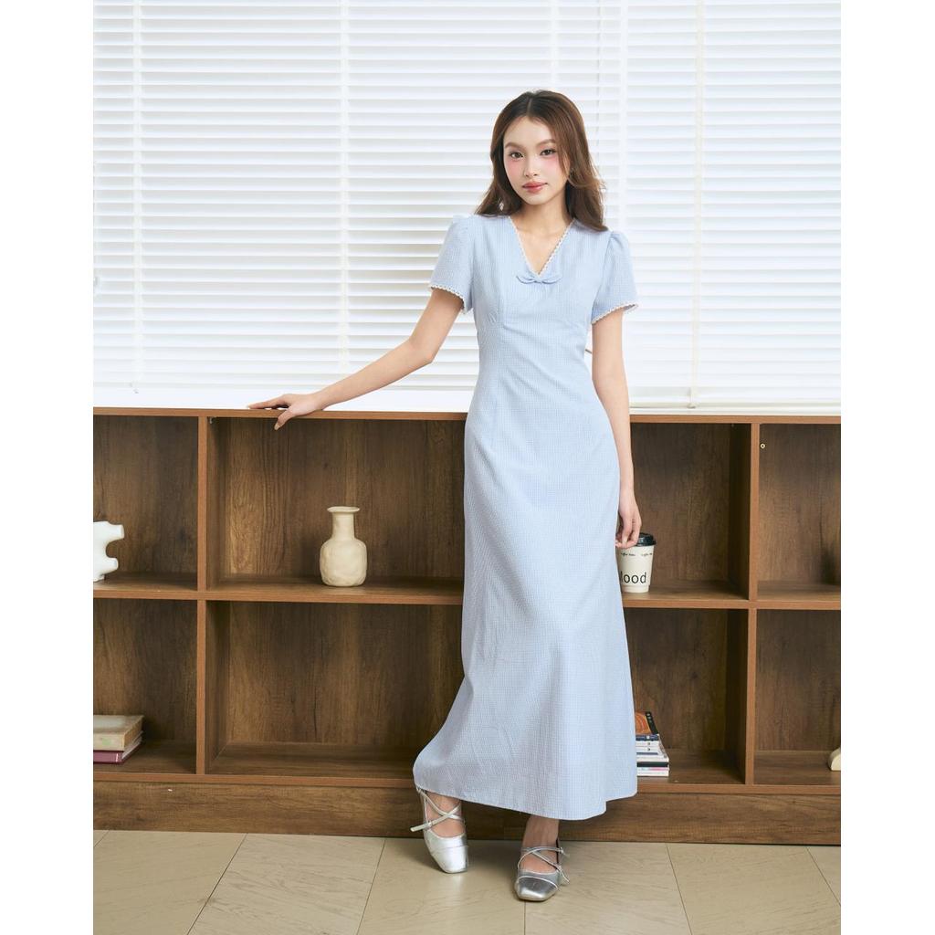 Đầm nữ dáng dài cổ tim tay phồng THE C.I.U, váy maxi form ôm tôn dáng thanh lịch – Lotus Dress | BigBuy360 - bigbuy360.vn