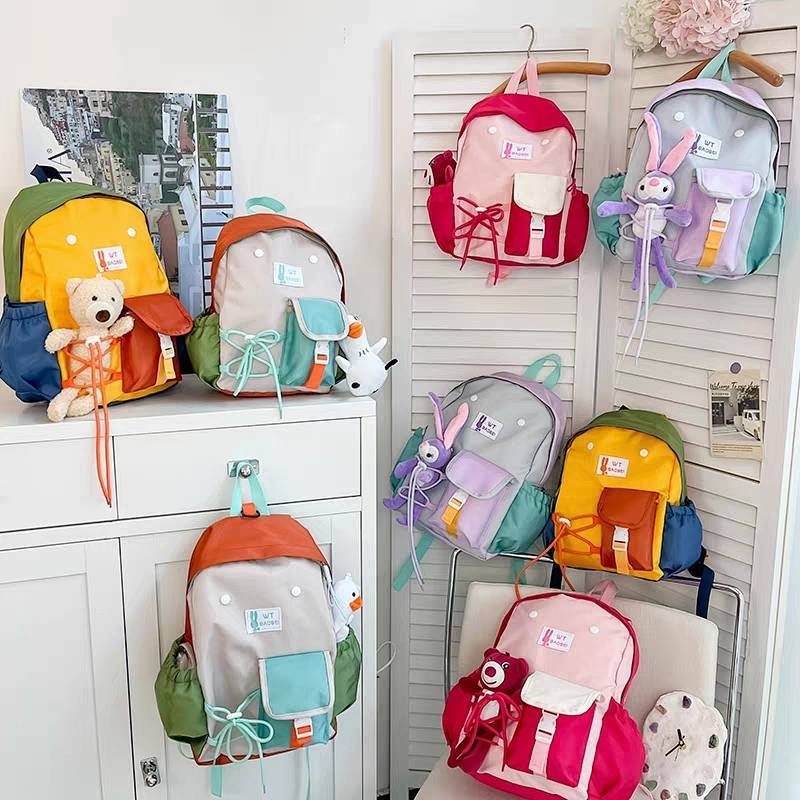Fashionable New Korean Style Contrast Color Doll Kindergarten Backpack Cartoon Cute Boys and Girls L