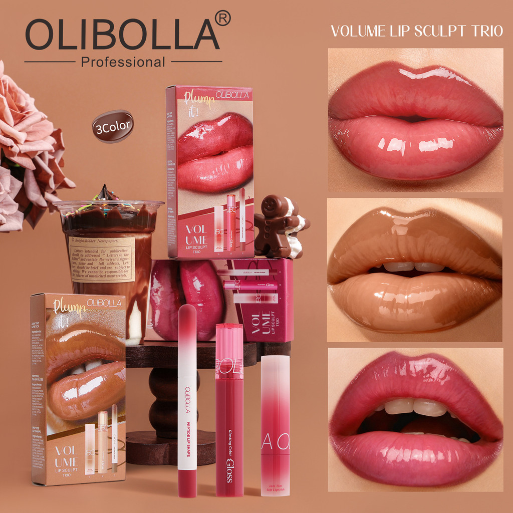 Bộ trang điểm môi Lip Liner + Water Gloss Lip Gloss + Mirror Lipstick Ba miếng Dễ tô màu h03.015