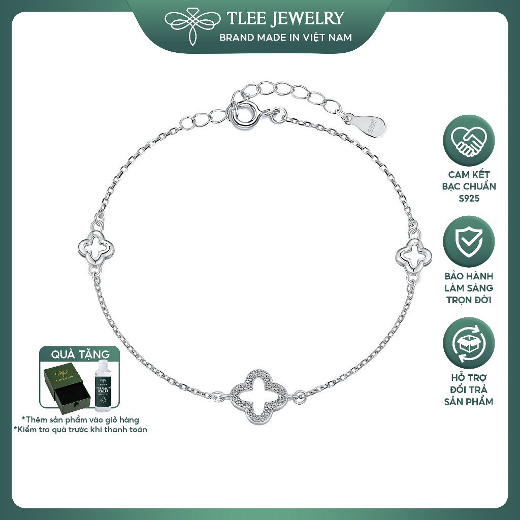 Vòng tay bạc nữ TLEE với cỏ bốn lá rỗng dễ thương và ba bông hoa TLEE JEWELLY LT0339