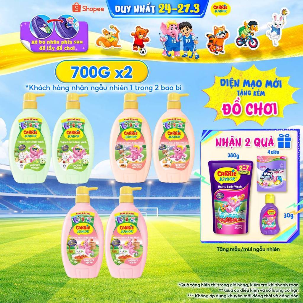 Combo 2 Chai Sữa Tắm Gội cho bé Carrie Junior Yoghurt hương trái cây thiên nhiên (700g x 2)