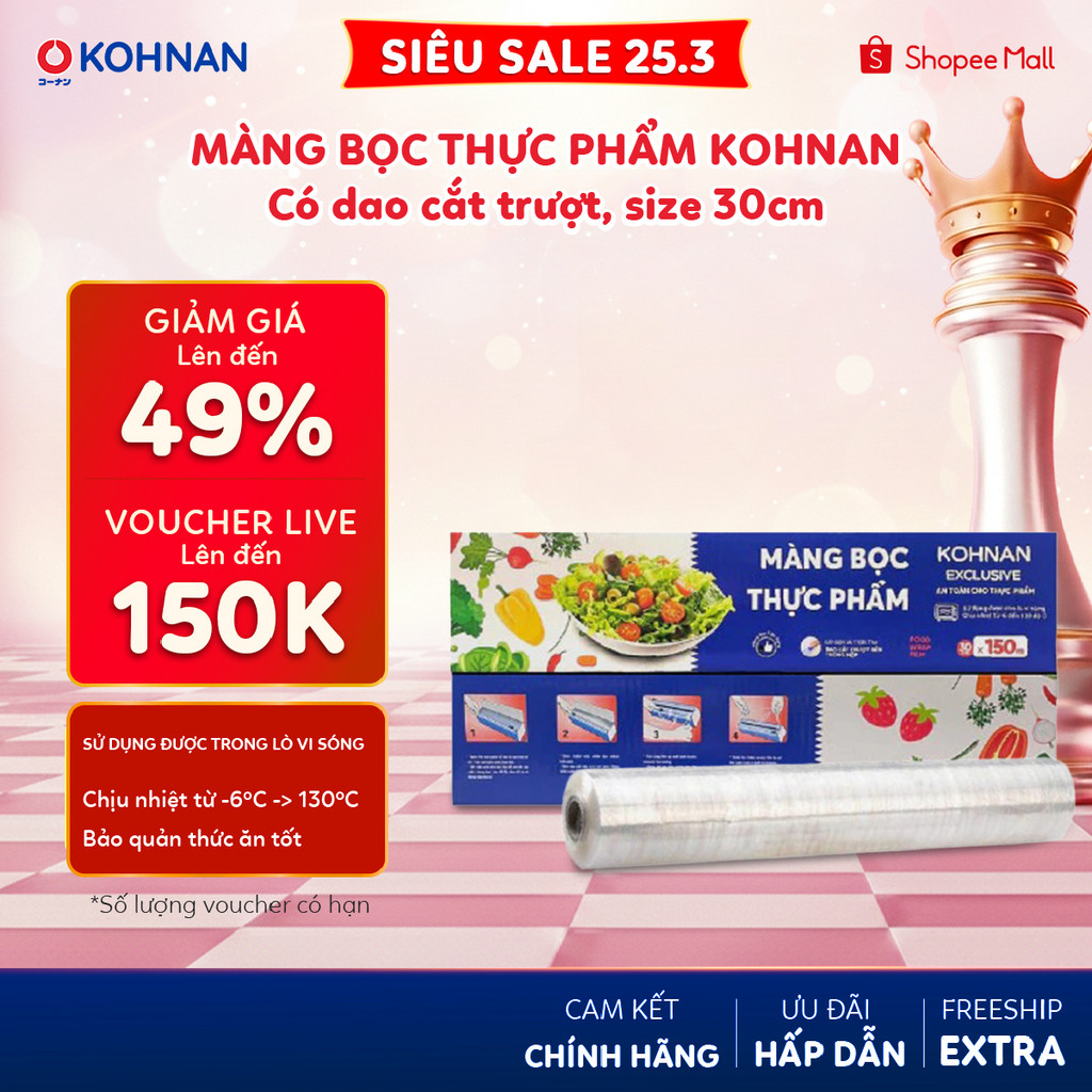 Màng bọc thực phẩm KOHNAN có dao cắt trượt, sử dụng được cho lò vi sóng 30cm