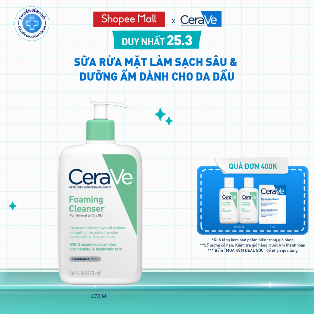 Sữa rửa mặt foaming giúp làm sạch sâu và dưỡng ẩm dịu nhẹ dành cho da dầu - CeraVe Foaming Facial Cleanser 473ML