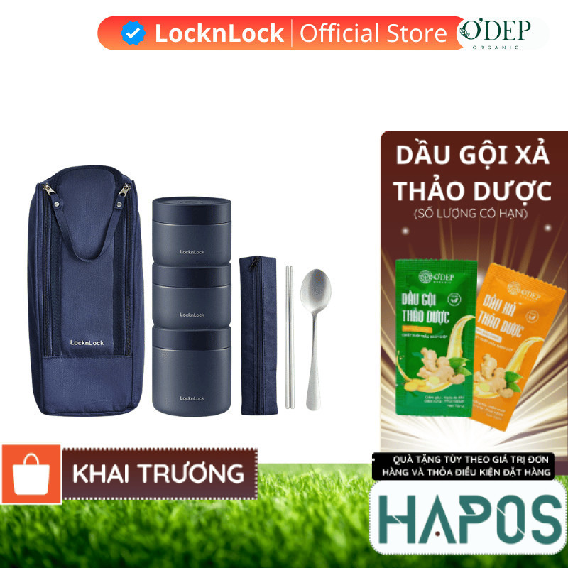 Hộp cơm giữ nhiệt văn phòng 1.1L LocknLock 3 ngăn LHC8052S01, kèm túi và muỗng đũa - HAPOS HOF