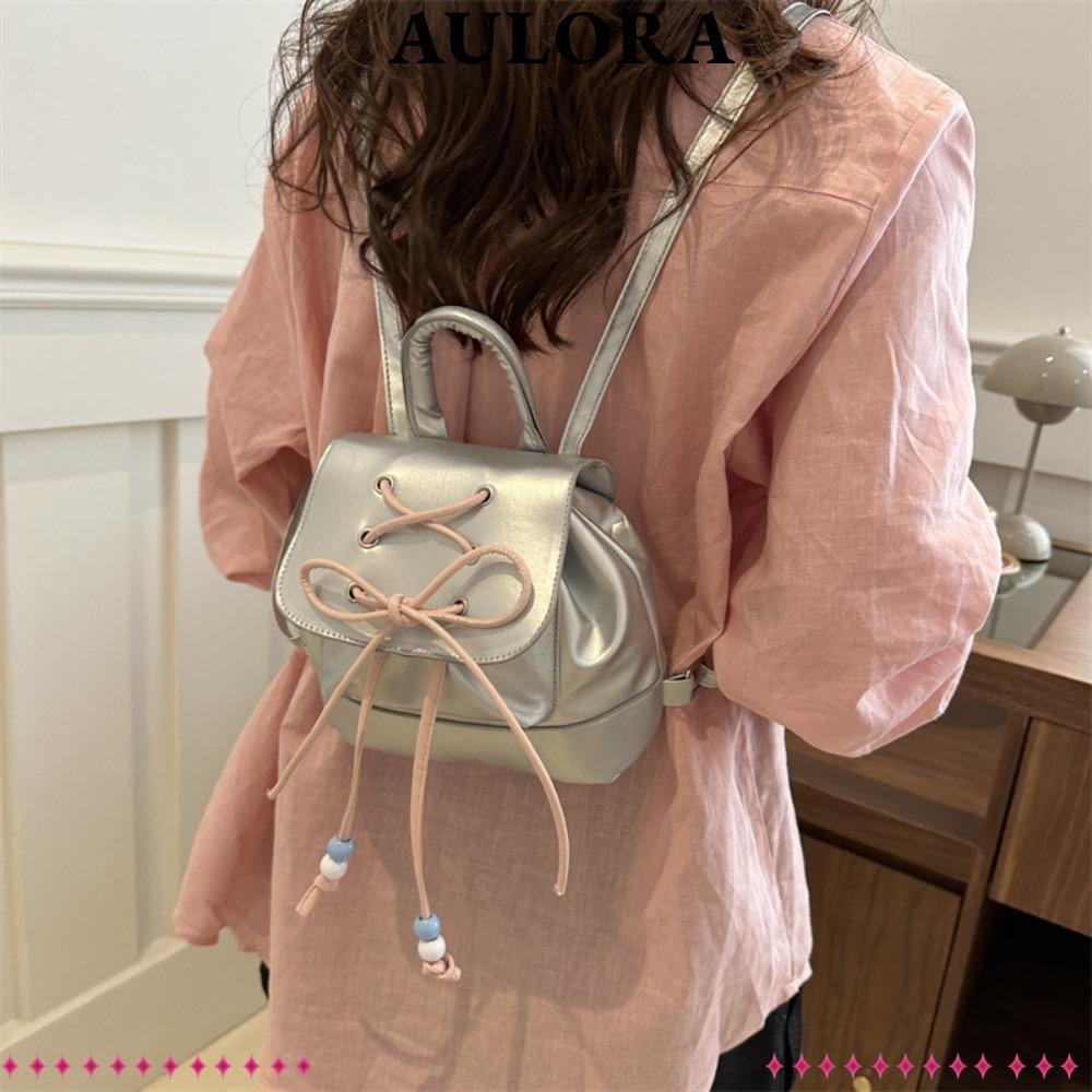 Ba lô nữ AULORA, Ba lô đi học bằng da PU dung tích cao, Túi đi học Mini dây rút màu trơn dành cho nữ