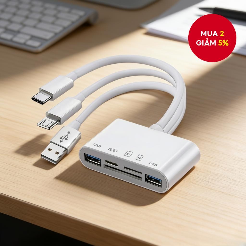 Đầu đọc thẻ TF SD đa năng 5 trong 1 USB 2.0 Hub Lightning Adapter Type C cho iPhone iPad MacBook Lap