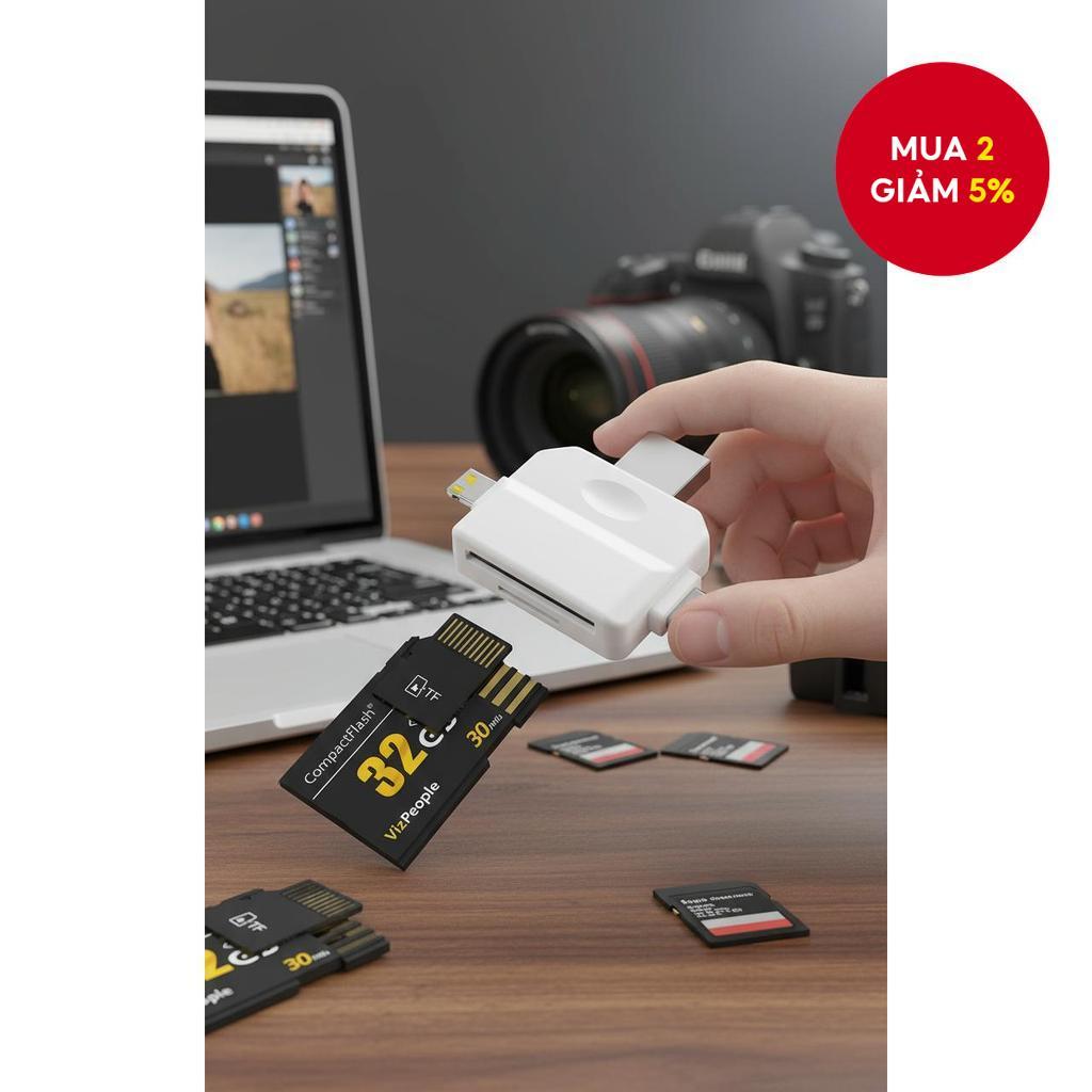  Bộ chia USB Type C với đầu đọc thẻ Lightning 5 trong 1 cho iPhone, PC, máy tính bảng, truyền dữ liệu nhanh.