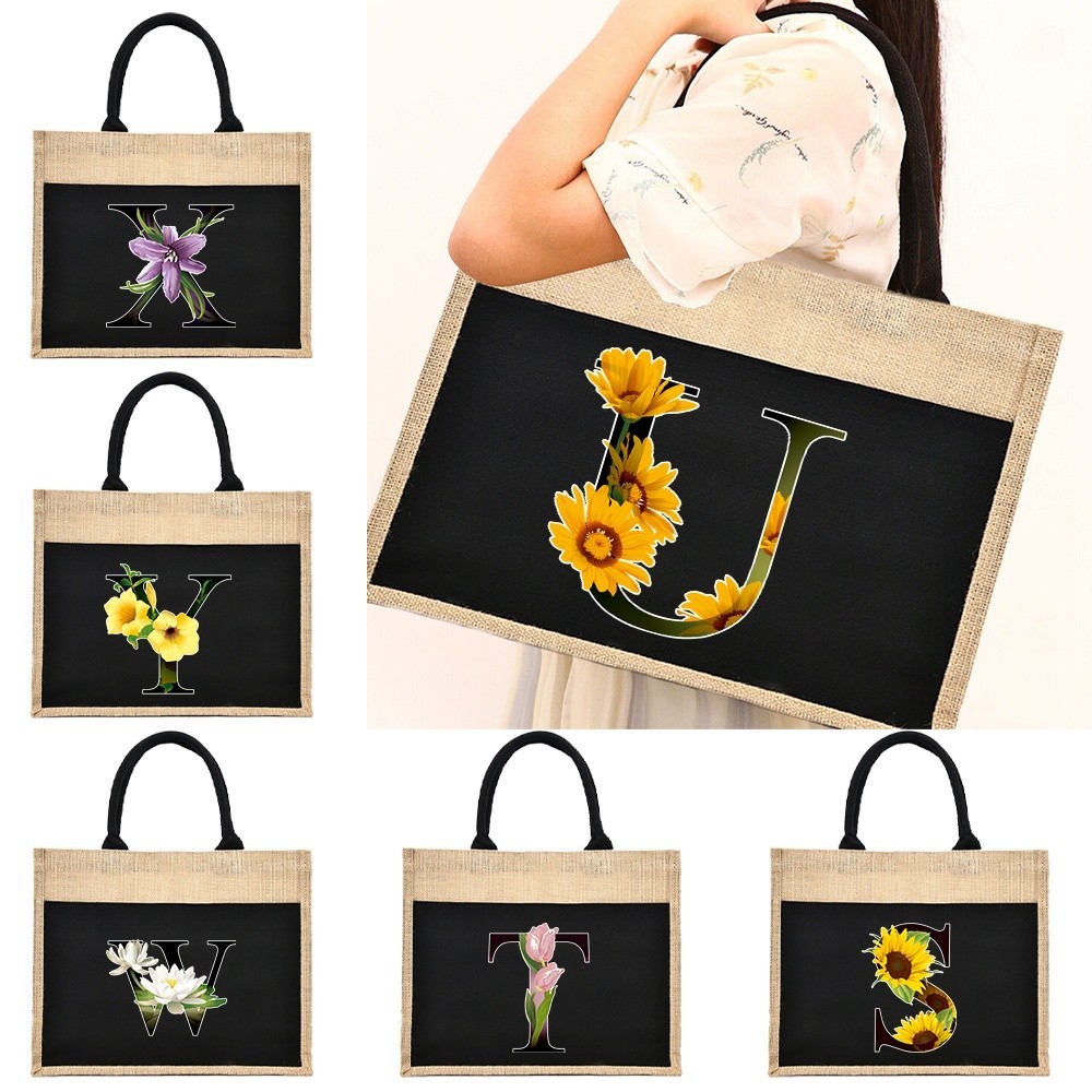 Jute Bag Fashion Women Shoulder Bag Linen Bag Women Shopping Laminated Bag Transparent letters flowe