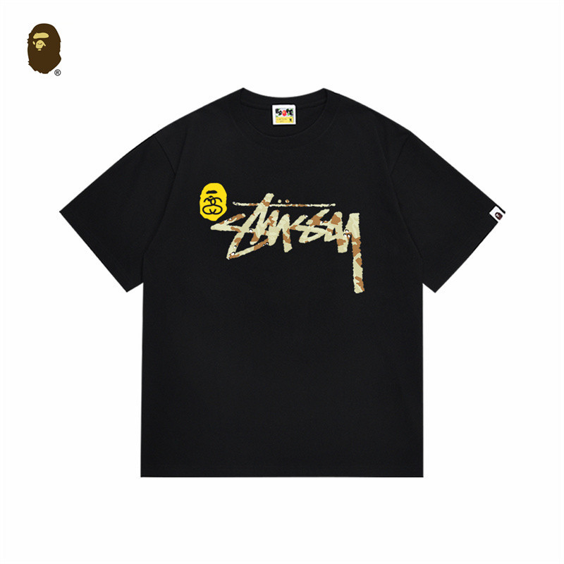 BAPE × Stussy Shark Mouth Dạo Phố Áo thun nam 100% Cotton ngoại cỡ
