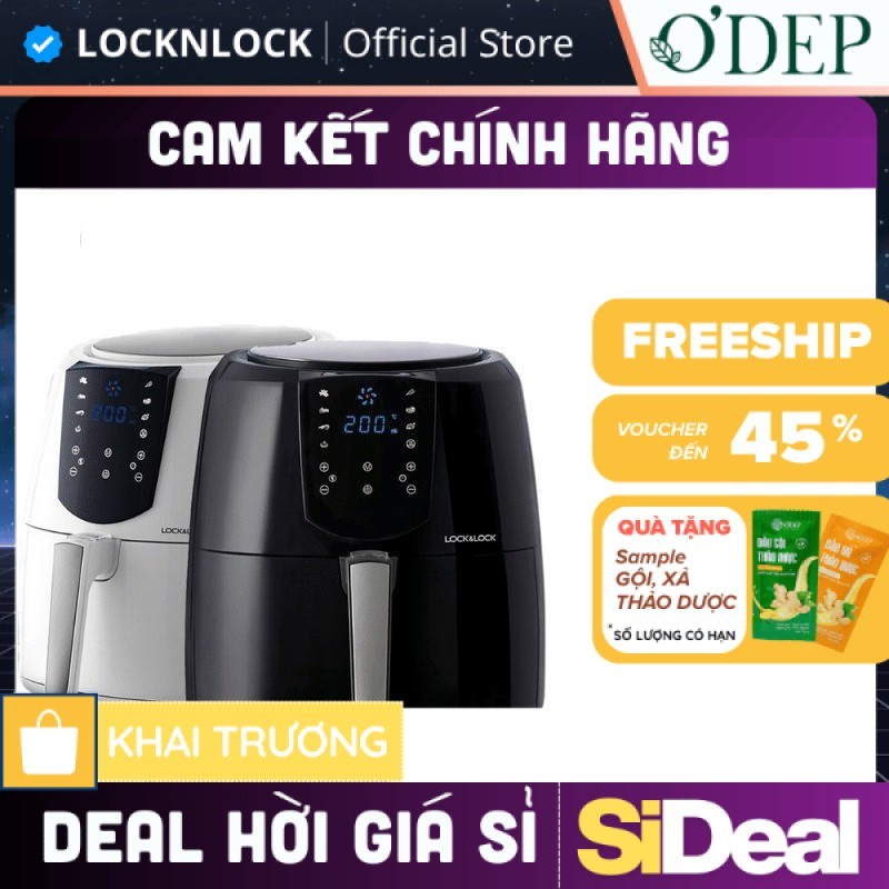 Nồi chiên không dầu điện tử 5,2L LocknLock Chính hãng, Kèm chảo nướng bánh EJF357BLK 1800W - SIDEAL 