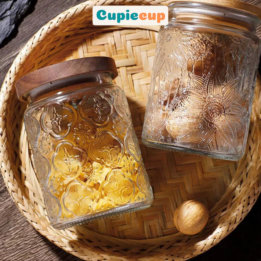 Hũ Thủy Tinh Nắp Gỗ, Lọ Đựng Gia Vị Họa Tiết Độc Đáo, Lọ Thủy Tinh Nắp Đậy Siêu Kín  LO004