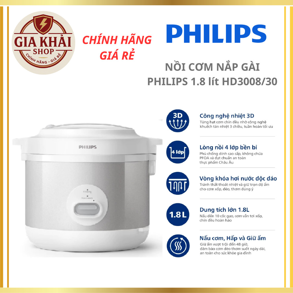 Nồi cơm điện nắp gài Philips 1.8 lít HD3008/30 - Hàng Chính Hãng