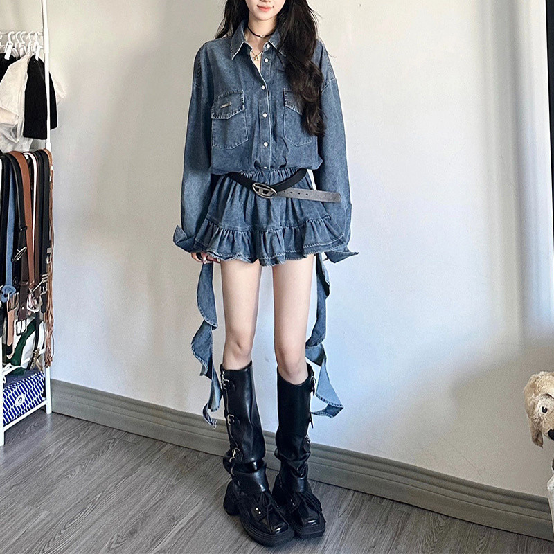 Đầm Denim Phối Ruy Băng Thắt Nơ Cao Cấp  Phong Cách Retro ABG Hot Girl Quyến Rũ - Váy Chữ A Thanh Lị