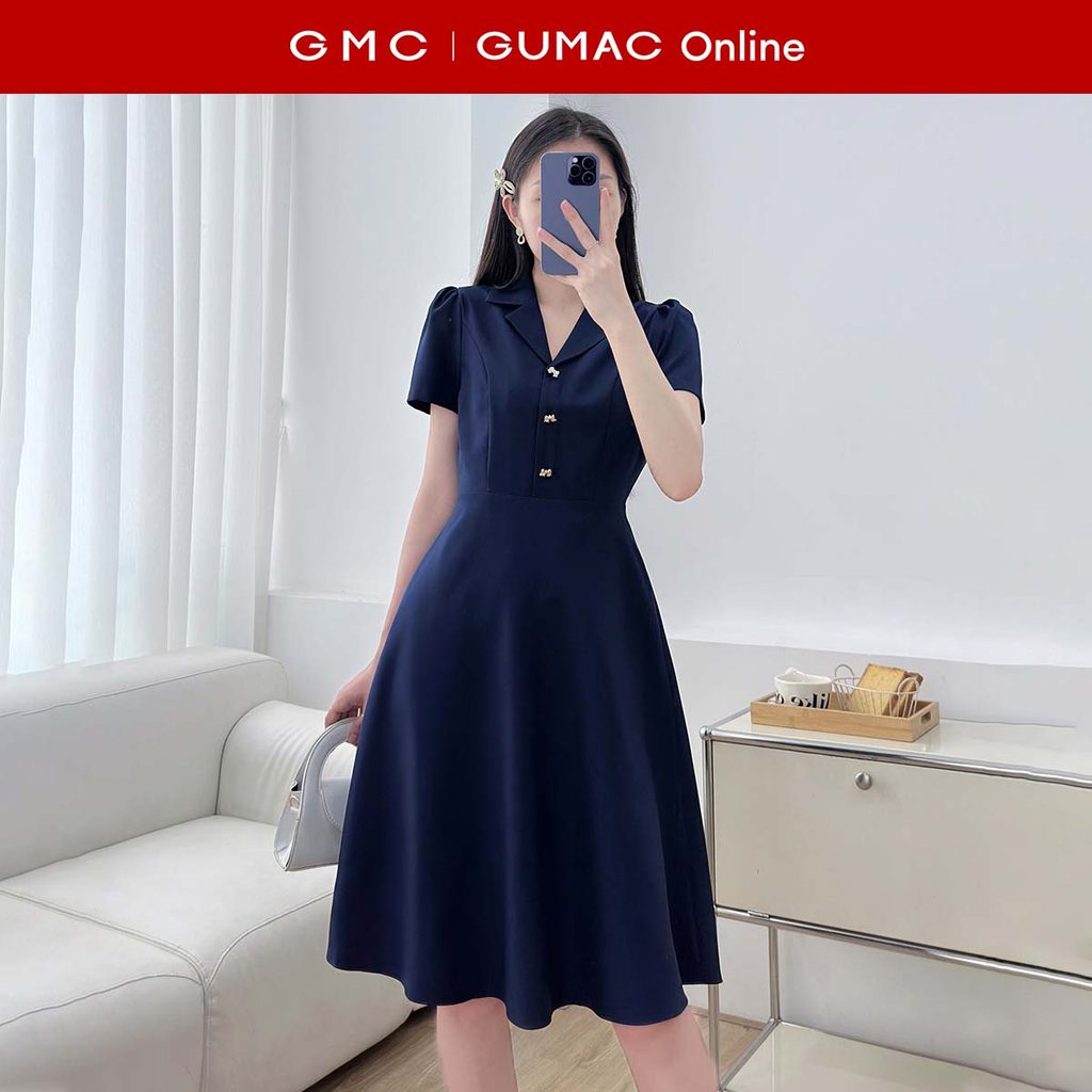 [MUA 2 GIẢM 25K] Đầm nữ xòe kiểu cổ danton dính nút nơ có túi vải bố thái thời trang GUMAC LDF0326