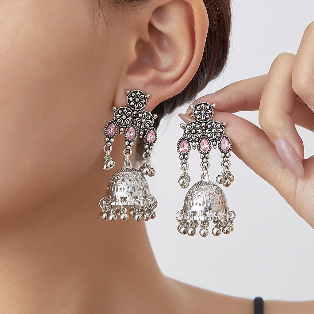 Bông Tai Boho Retro Style Dân Tộc Kim Cương Chuông Tua Rua Dài